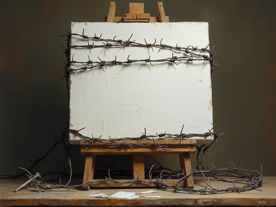 Blank Canvas Surrounded by Barbed Wire on Easel