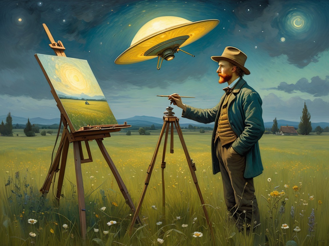 19th-Century Painter in Sunlit Meadow with Saturn