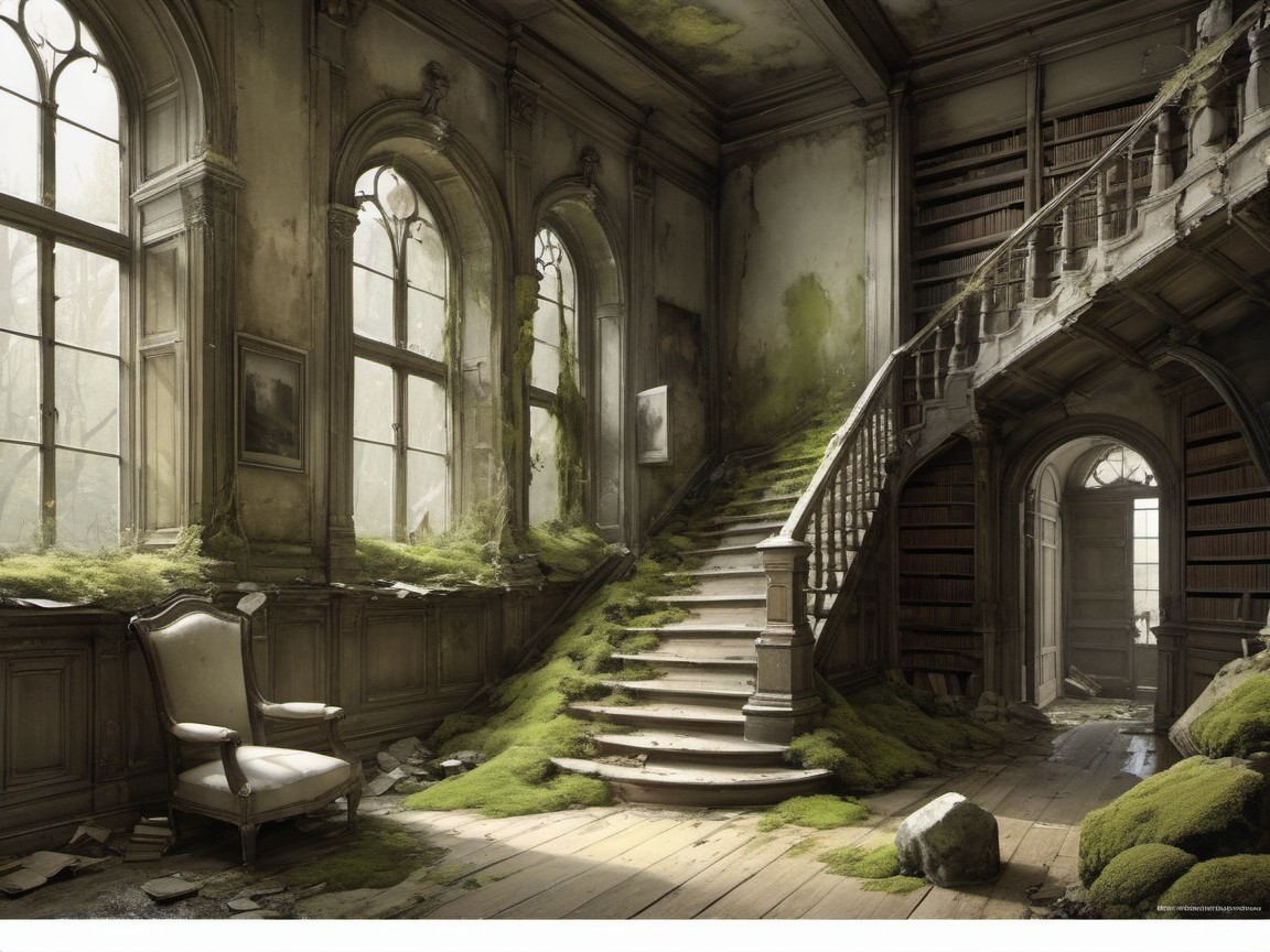 Dilapidated Mansion Interior with Grand Staircase and Moss