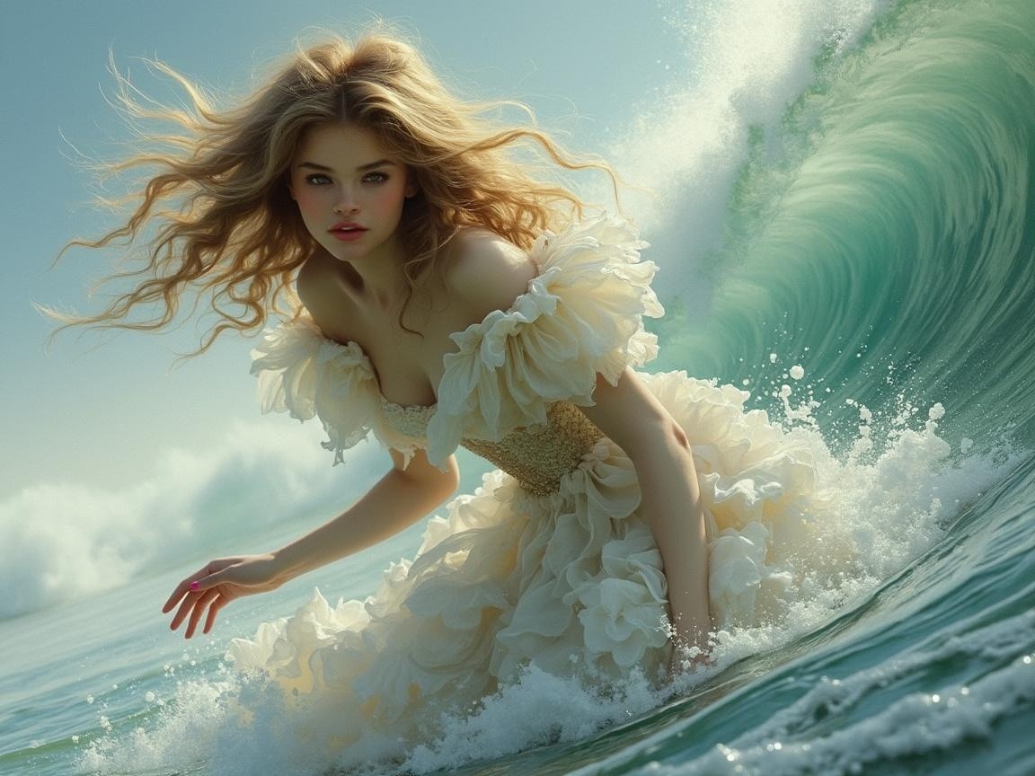 Ethereal Figure in Cream Gown Amid Vibrant Waves