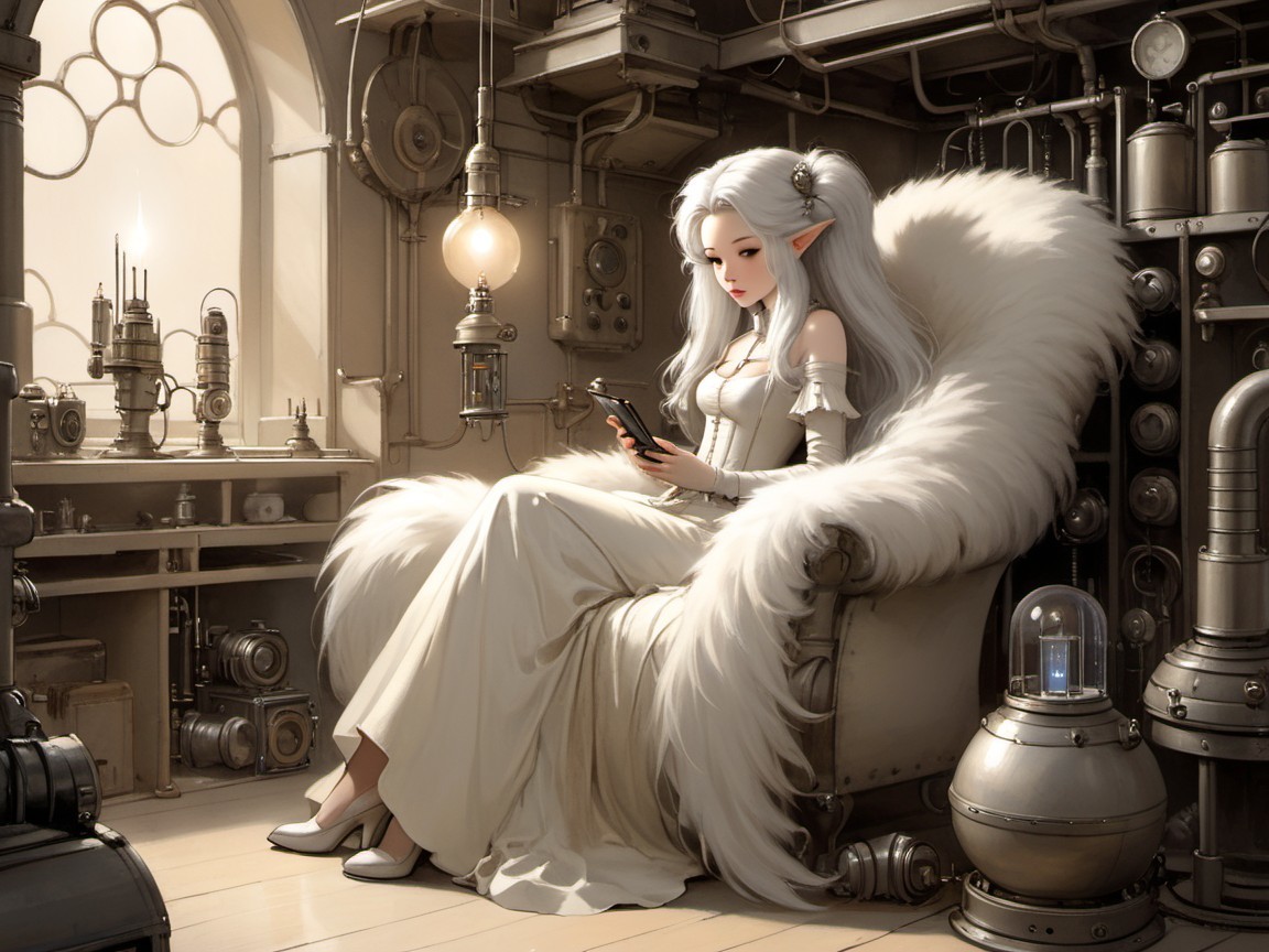 Steampunk Room with Elegant Figure and Intricate Decor