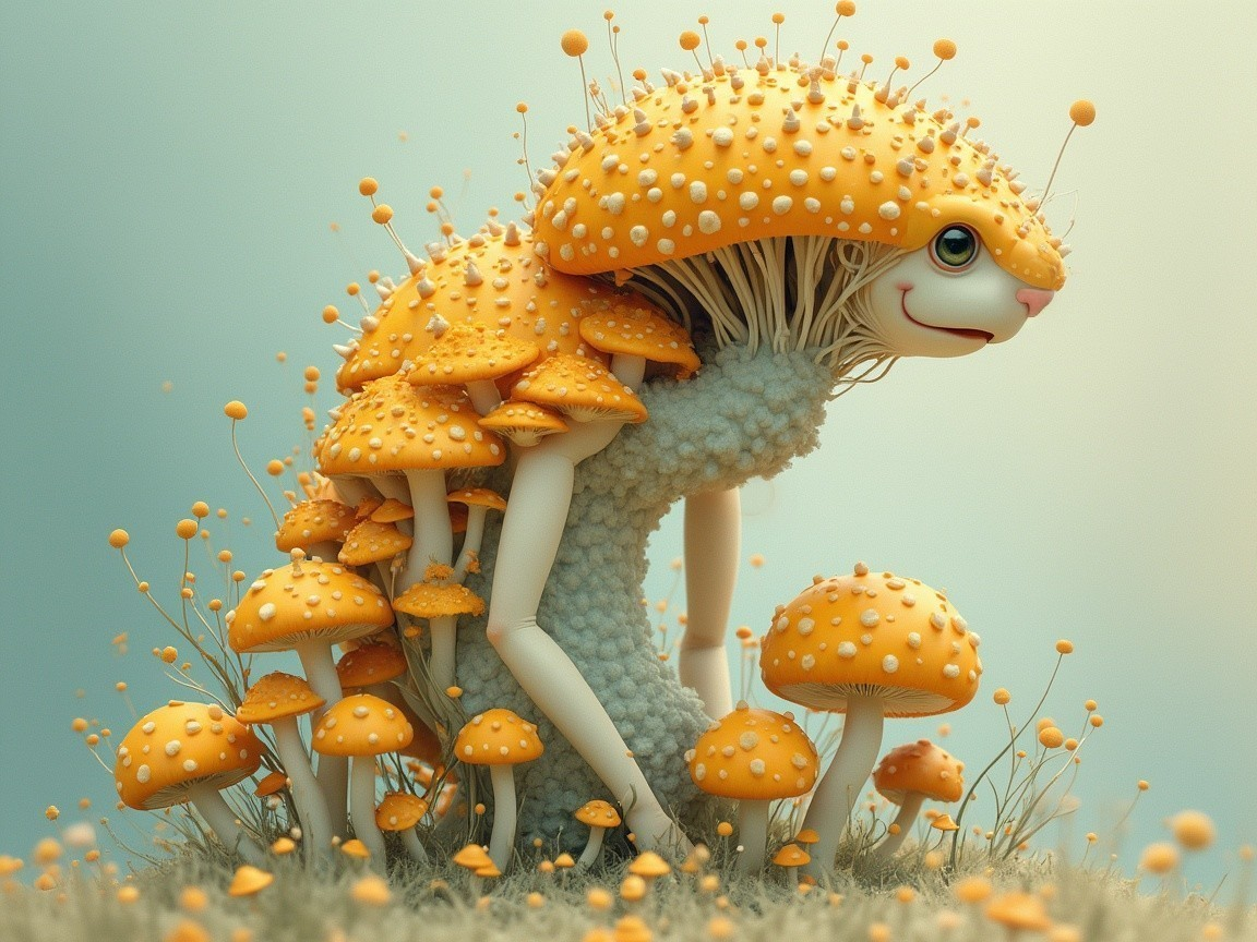 Whimsical Creature Surrounded by Vibrant Mushrooms
