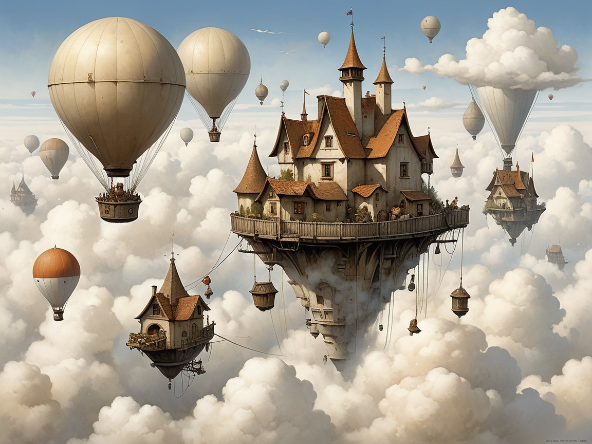 Whimsical Floating Castle with Colorful Hot Air Balloons