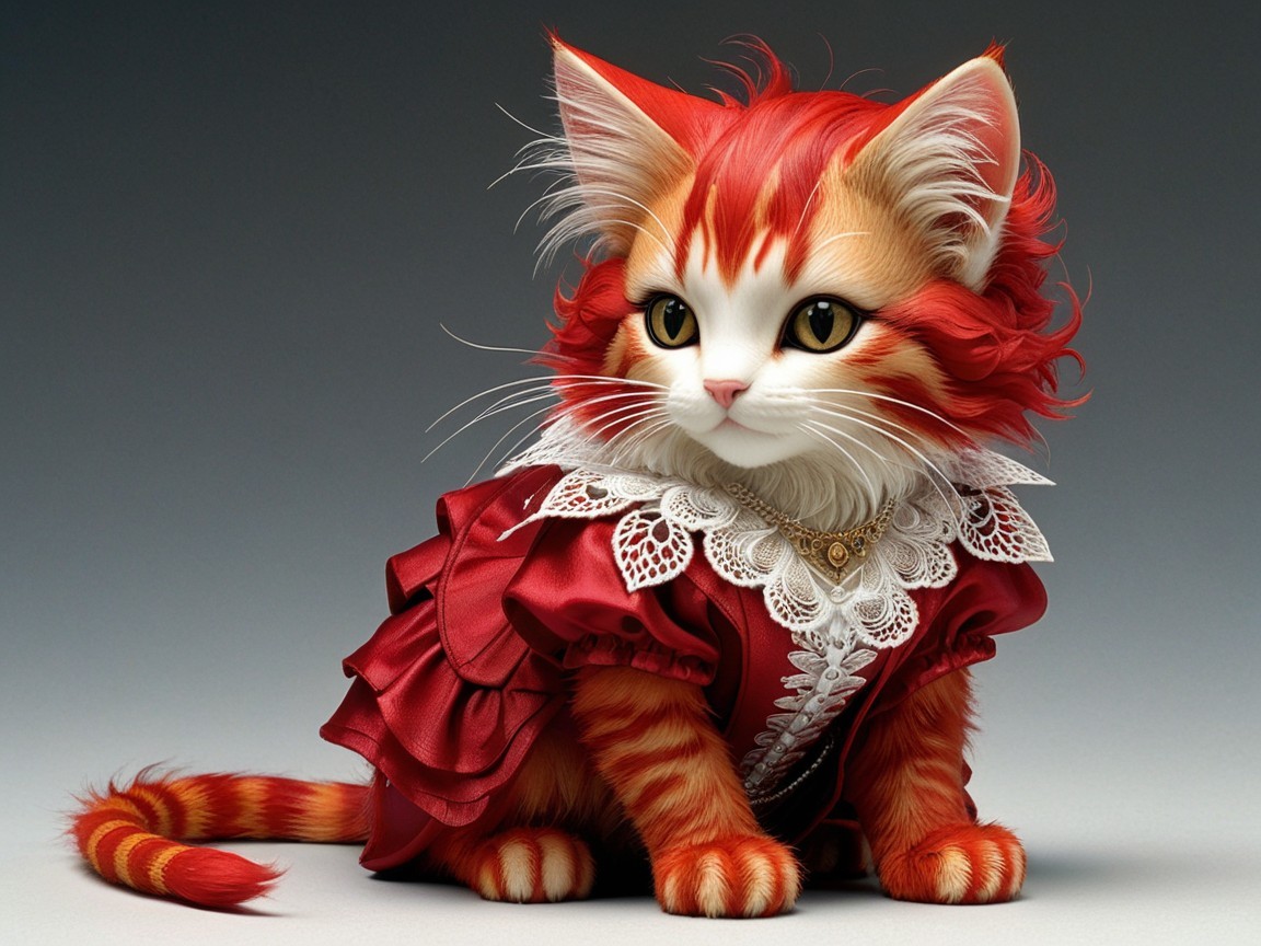 Anthropomorphic orange tabby cat in red dress