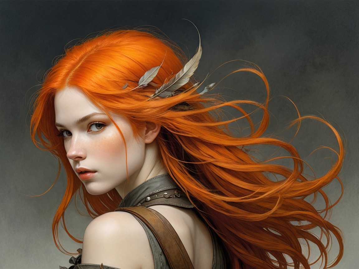 Portrait of a Young Woman with Orange Hair and Feathers