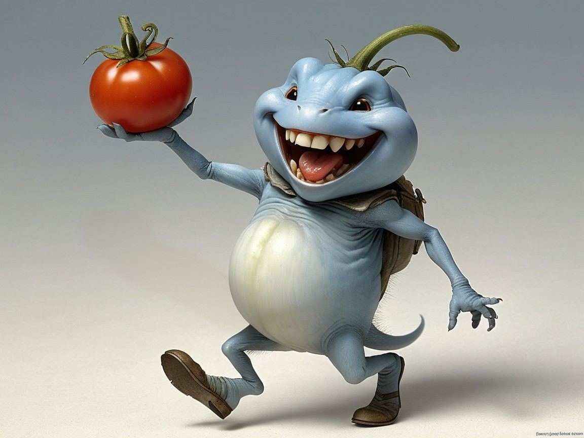 Cheerful Blue Creature Holding a Red Tomato