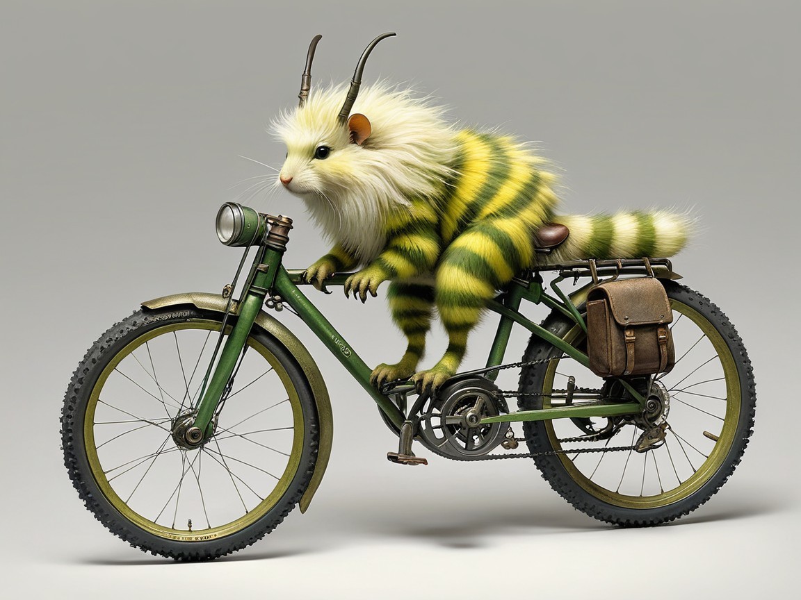Whimsical Creature on Vintage Green Bicycle Scene