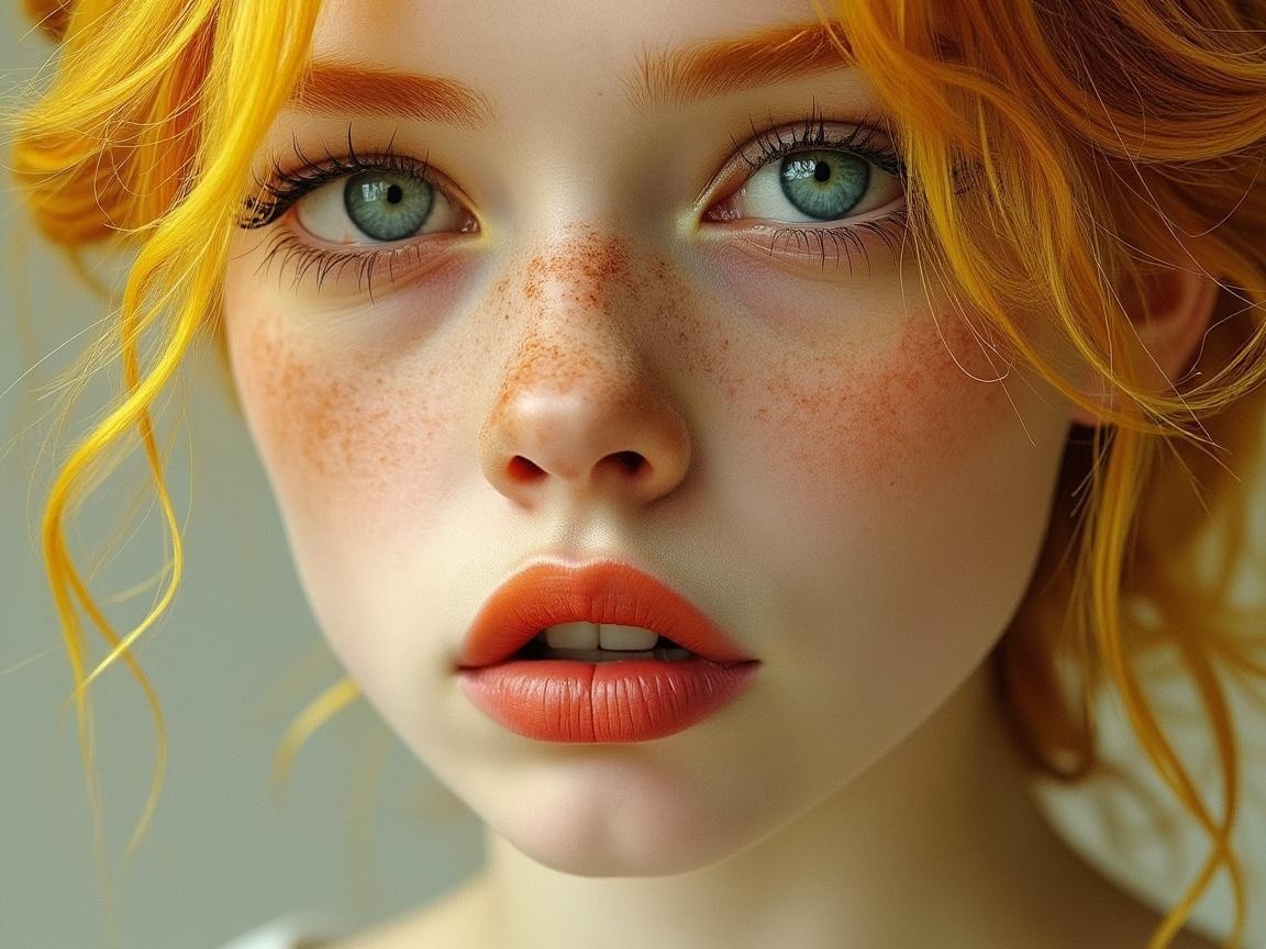 Portrait of a young woman with orange hair and green eyes