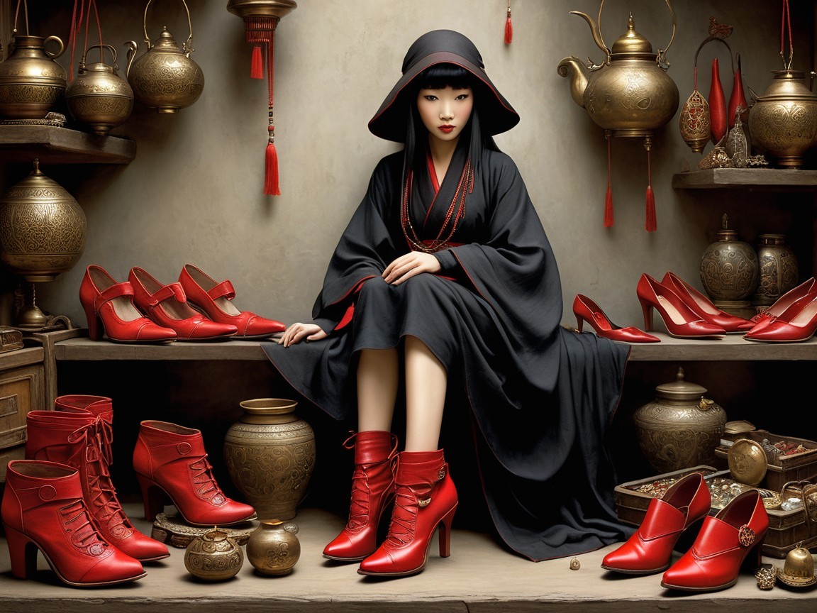 Stylish figure in black kimono with red shoes backdrop