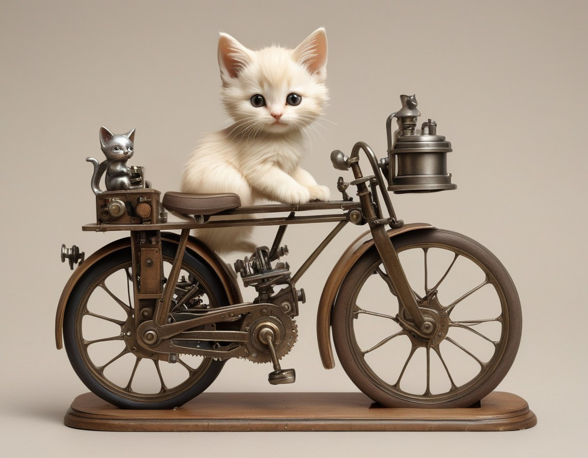 Fluffy Kitten on Vintage Bicycle with Metal Cats