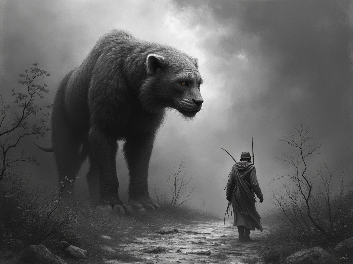 Lone Figure Confronts Enormous Bear in Misty Landscape