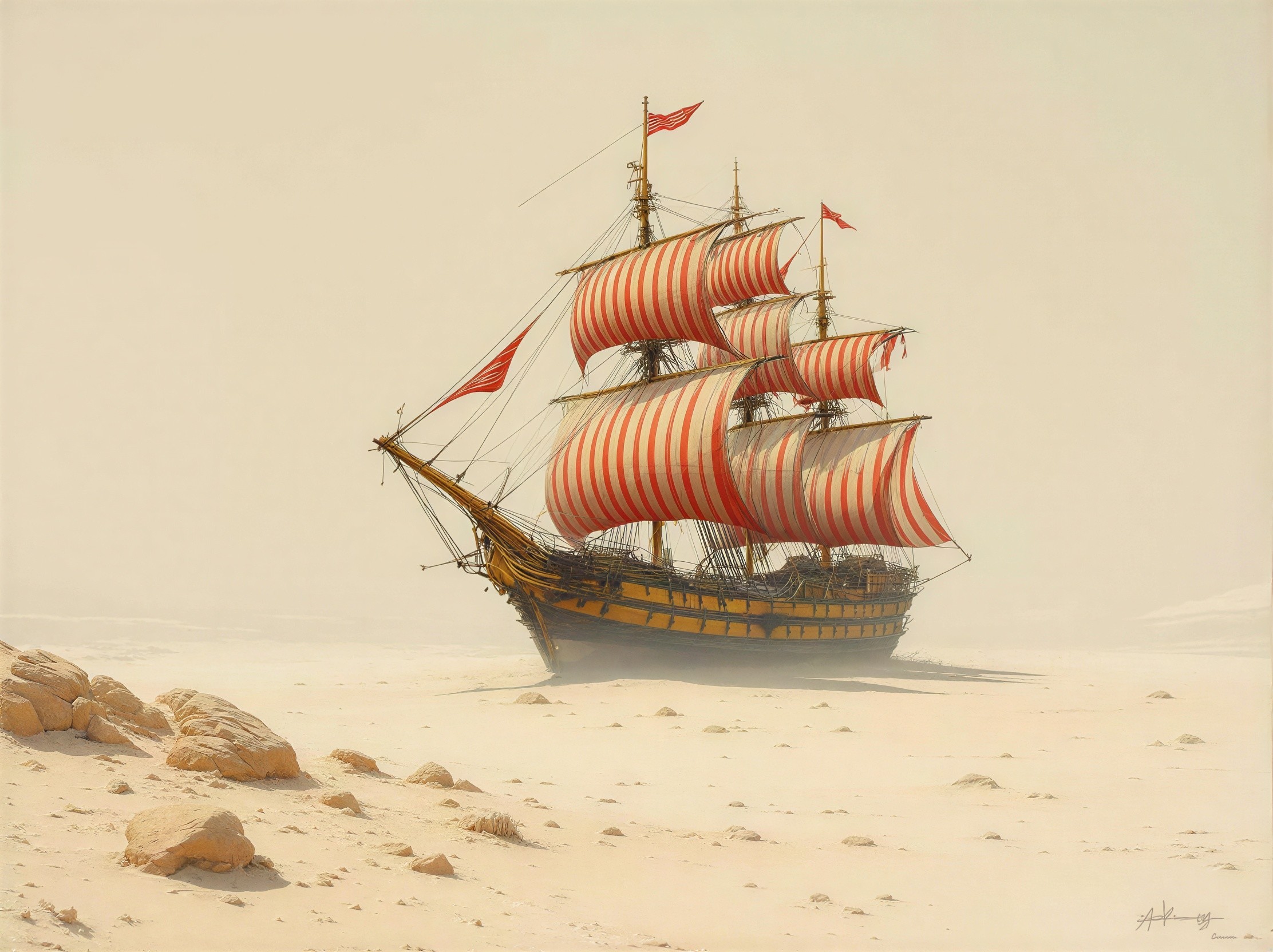 Three-Masted Sailing Ship in Desert Landscape