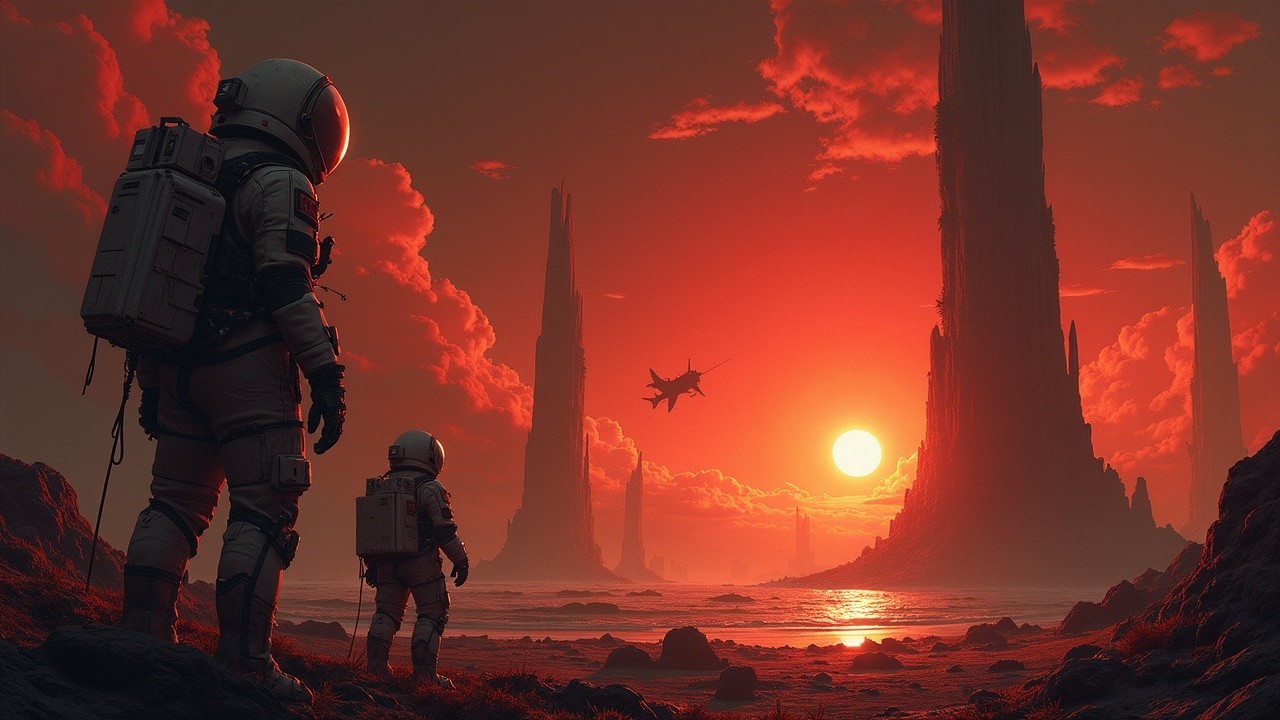 Astronauts in a Surreal Alien Landscape at Sunset