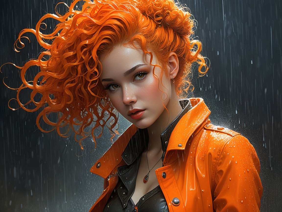 Young woman with orange hair in rain and stylish outfit