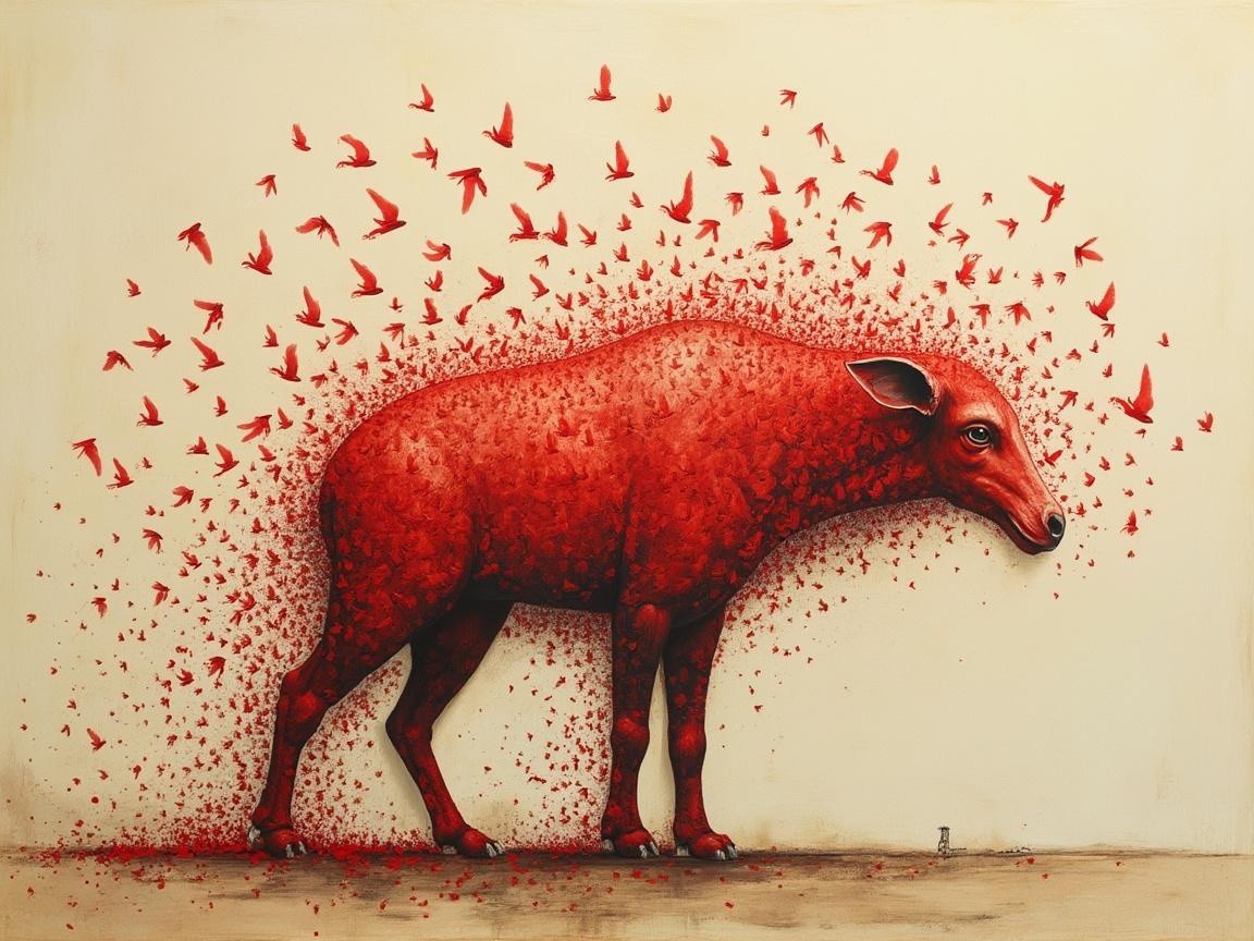 Red Deer Figure with Fragmented Shapes and Birds