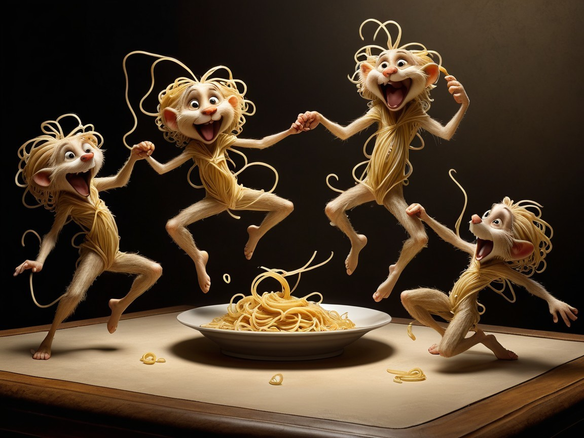 Whimsical Creatures Playfully Surrounding Spaghetti