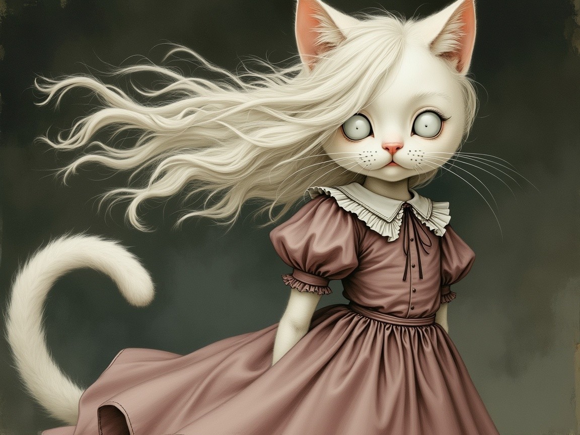 Whimsical Cat in Vintage Dress with Flowing Fur