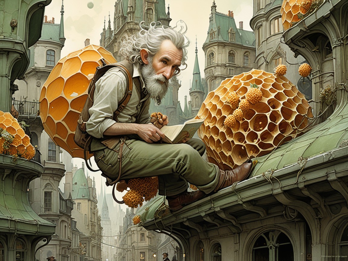 Elderly Man Reading on Ornate Rooftop with Beehives