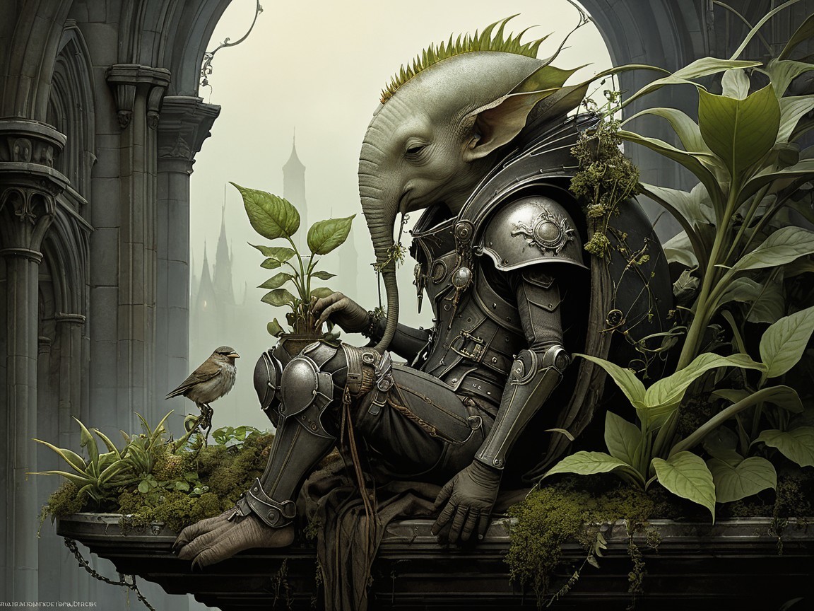 Fantastical creature nurturing plant in lush greenery
