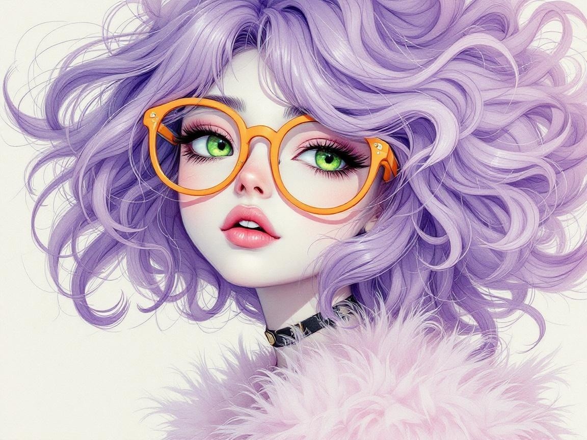Whimsical Character with Lavender Hair and Orange Glasses
