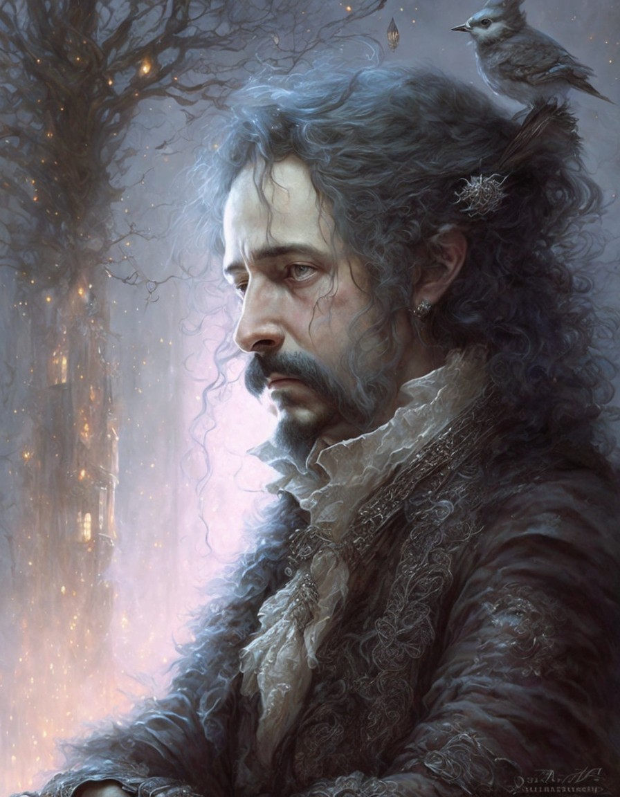 Brooding Man in Vintage Outfit with Mystical Background