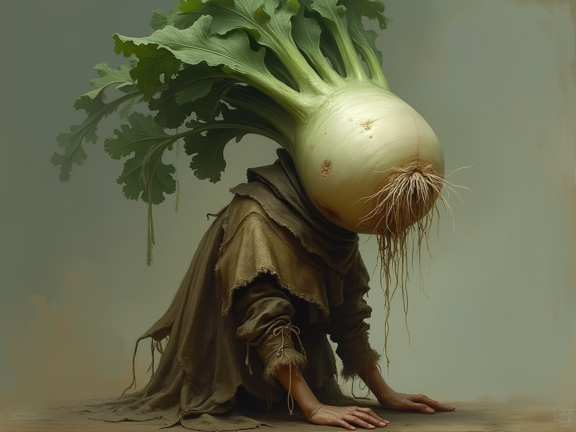 Humanoid Figure with Turnip Head in Surreal Setting