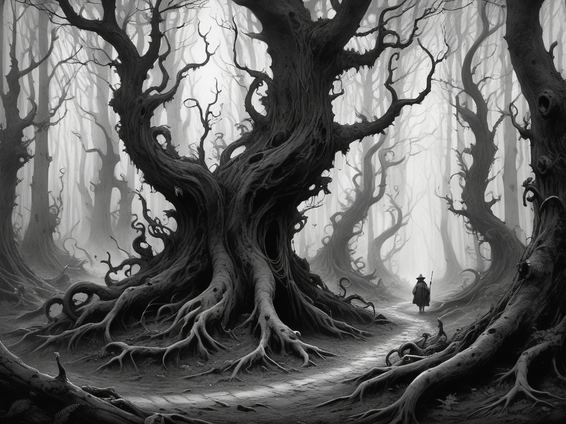 Misty Enchanted Forest with Twisted Trees and Shadows