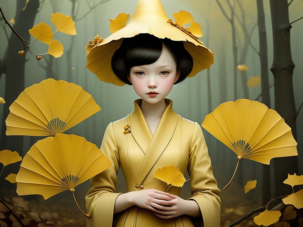 Young girl in yellow kimono in misty forest setting