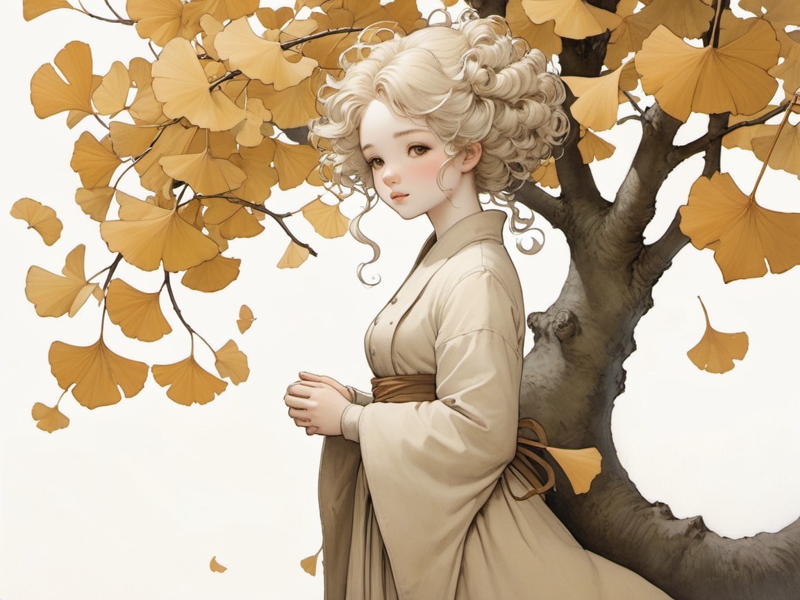 Serene Woman Beneath Vibrant Ginkgo Tree in Autumn