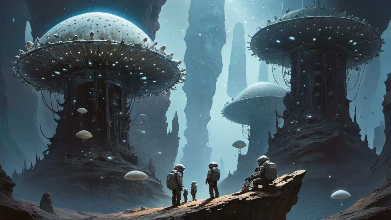 Surreal Alien Landscape with Towering Mushroom Structures