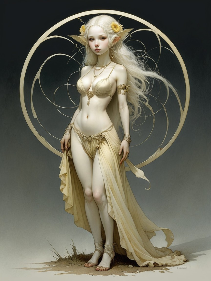 Ethereal figure in golden gown with delicate flowers