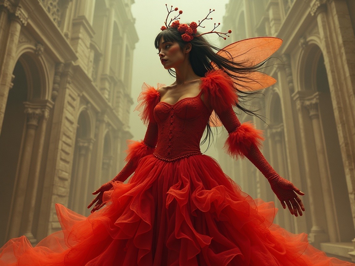 Misty Dreamlike Scene with Figure in Red Gown
