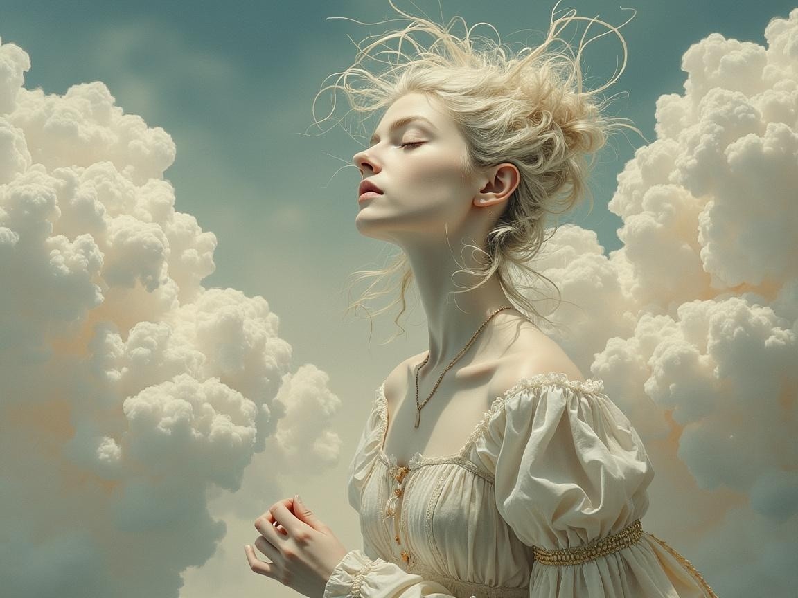 Ethereal figure in clouds with flowing blonde hair