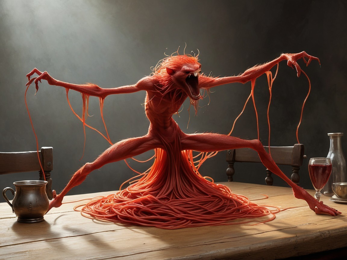 Surreal Creature with Elongated Form at Wooden Table