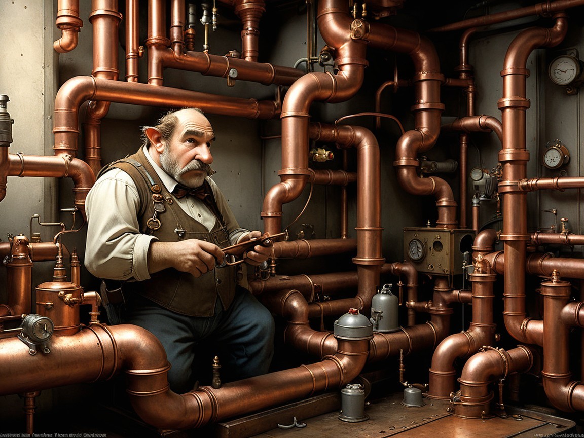 Workshop Scene with Copper Piping and Craftsman