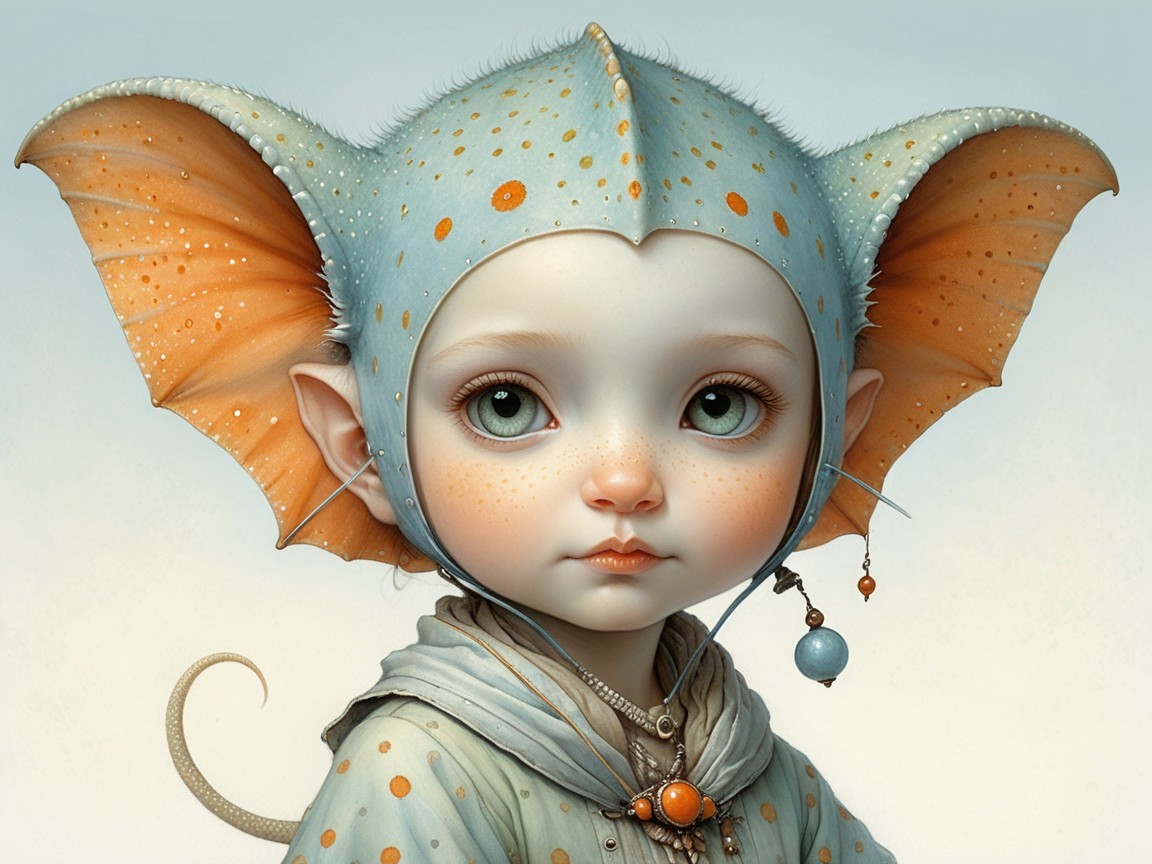 Whimsical Creature with Fish-like Ears and Jewelry