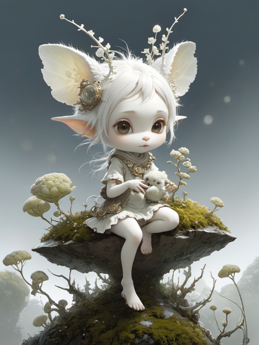 Whimsical creature on a mossy stone in a magical landscape