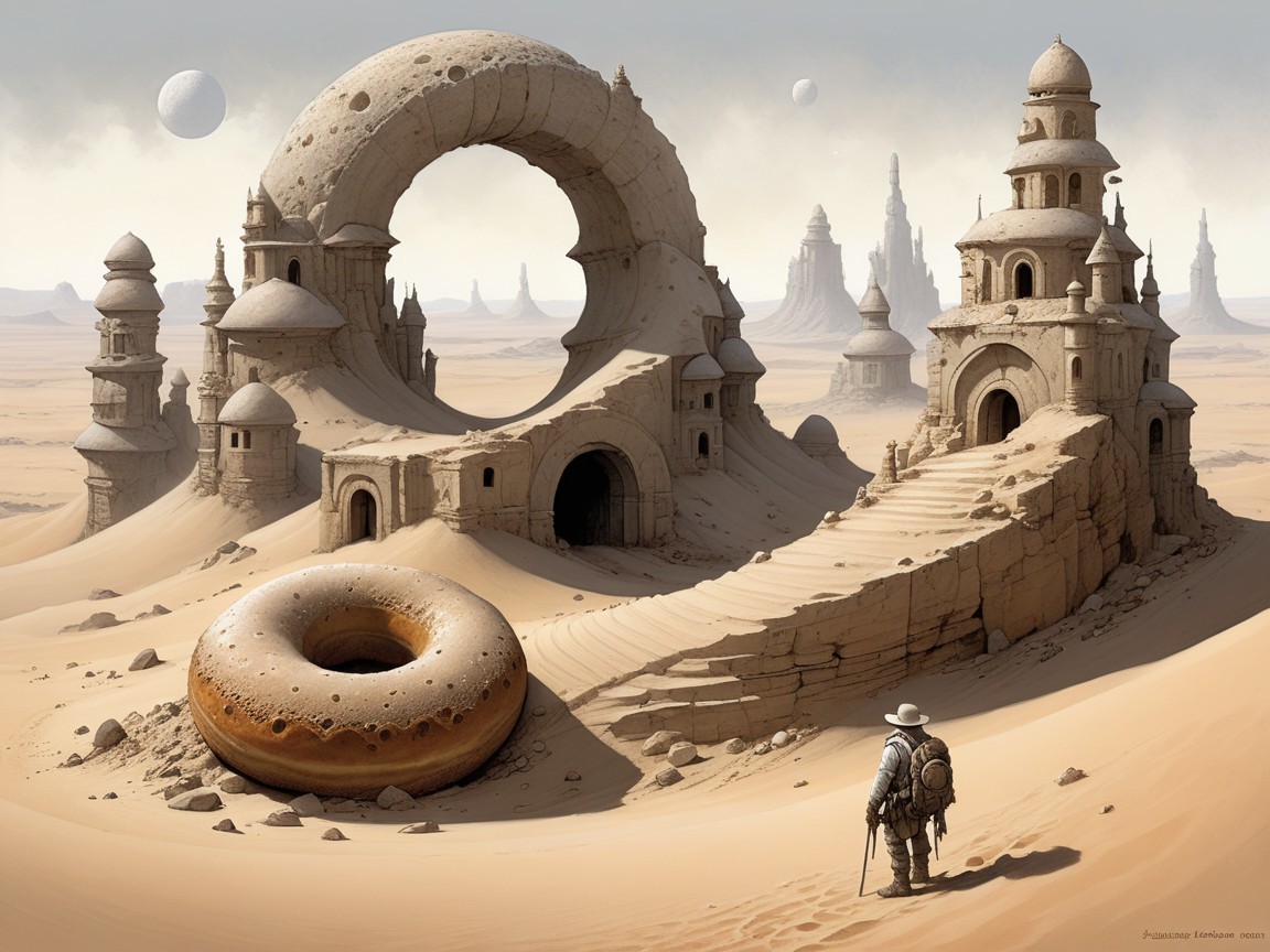 Surreal Desert Landscape with Ornate Structures and Planets