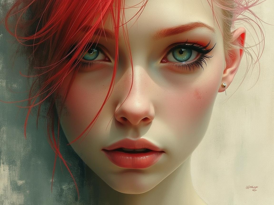 Close-up of a young woman with green eyes and red hair