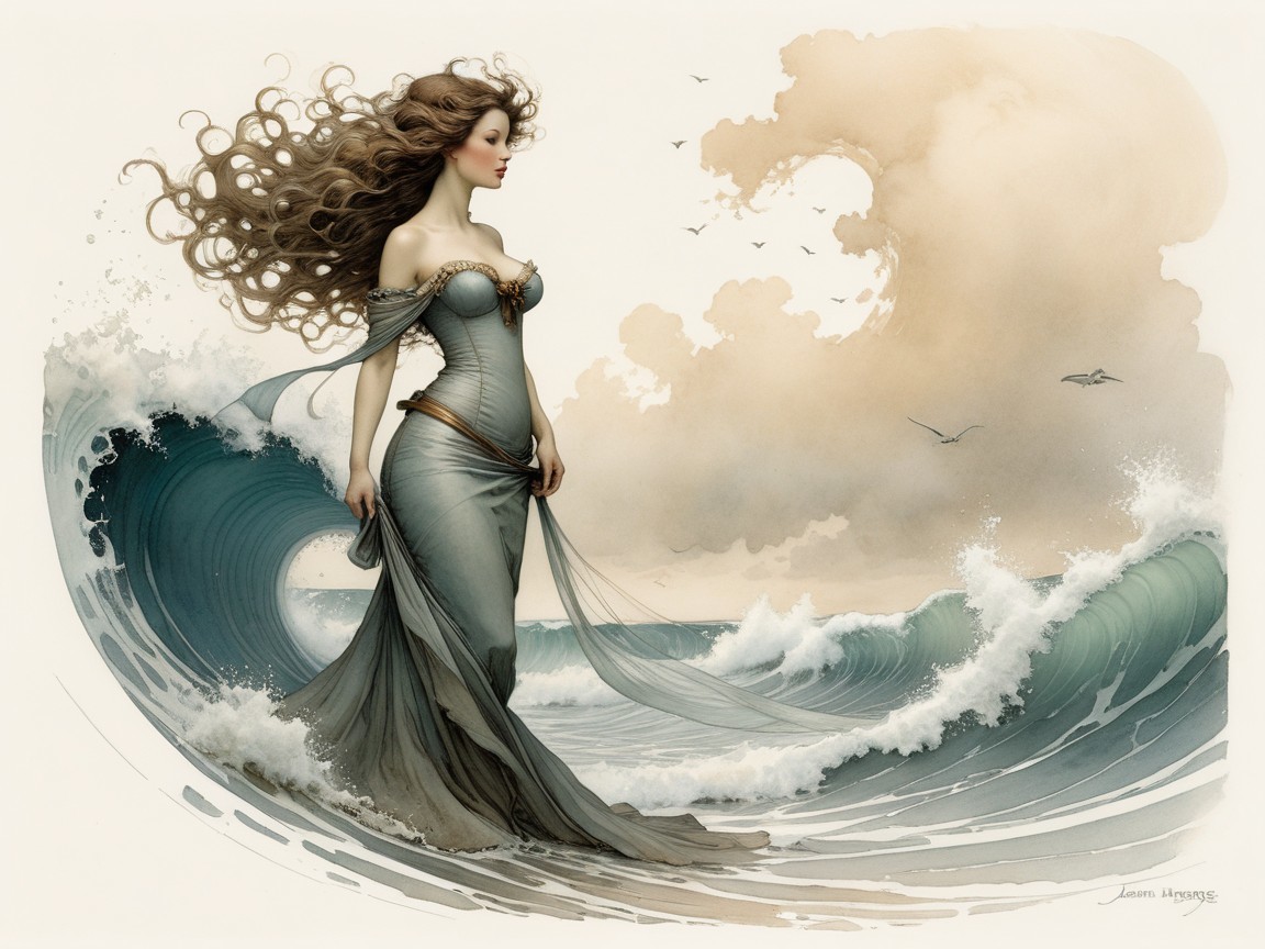 Ethereal Woman in Ocean Waves with Dreamy Atmosphere