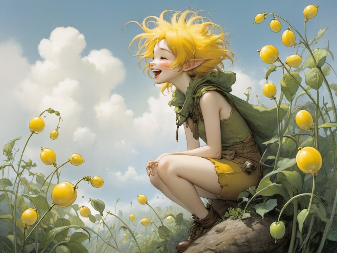 Joyful fairy with yellow hair in lush green setting