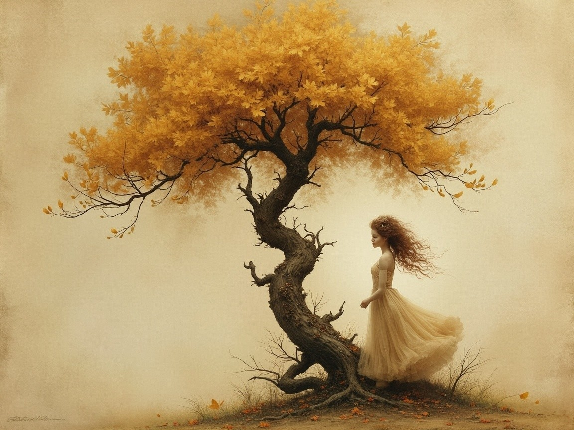 Whimsical Autumn Scene with Girl and Gnarled Tree