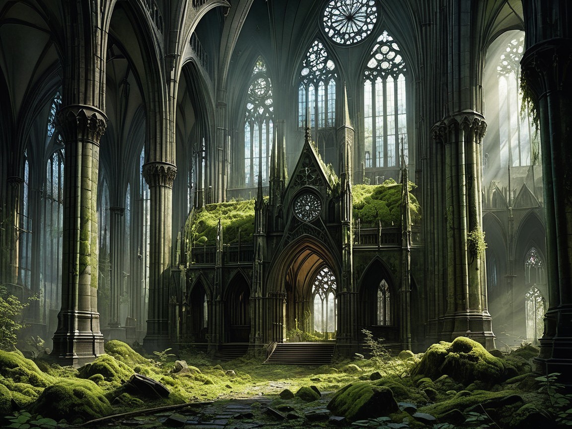 Abandoned cathedral with stained glass and nature reclaiming