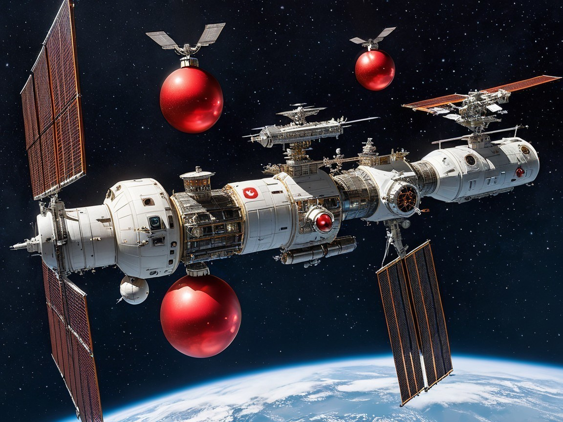 Futuristic spacecraft above Earth with festive ornaments