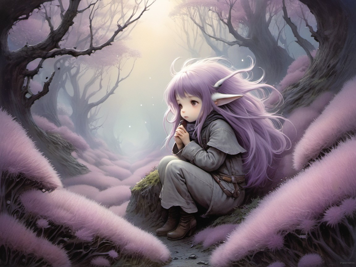 Whimsical Forest Scene with Ethereal Pink Foliage