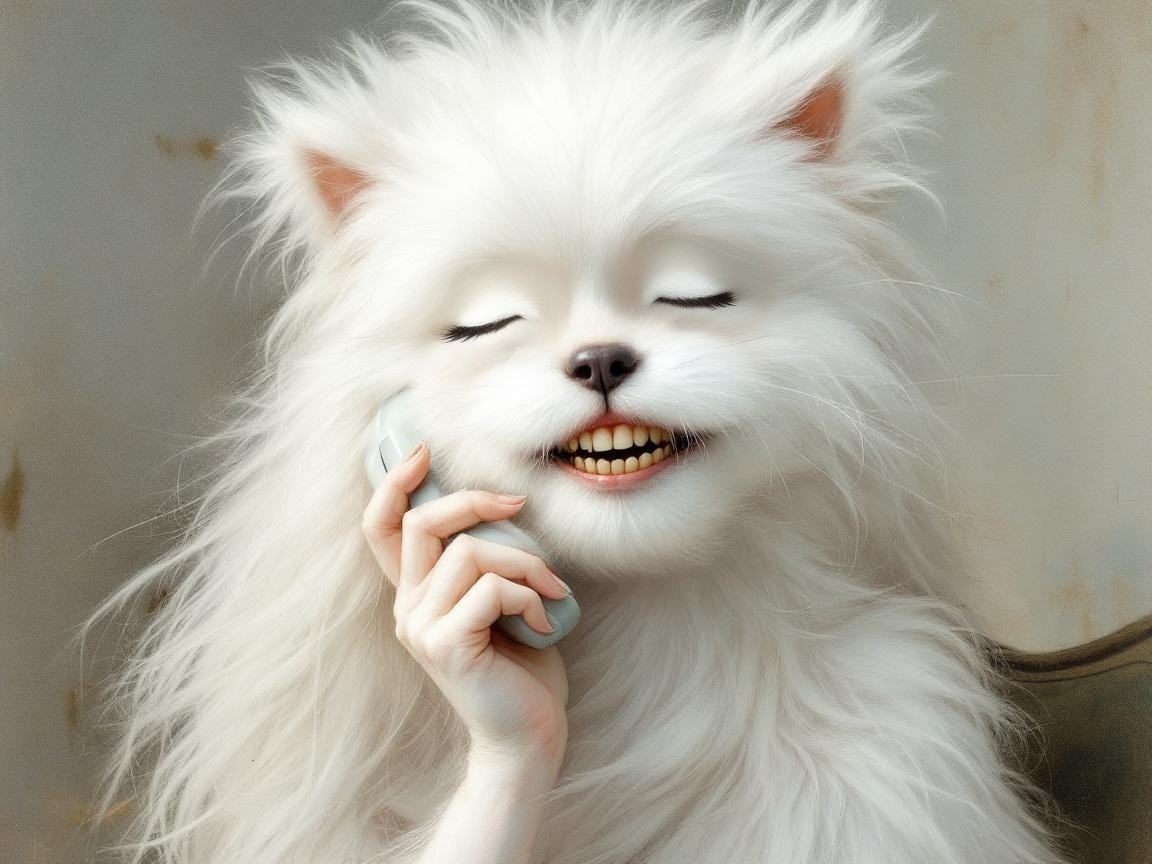Surreal Image of a Smiling Dog with a Phone