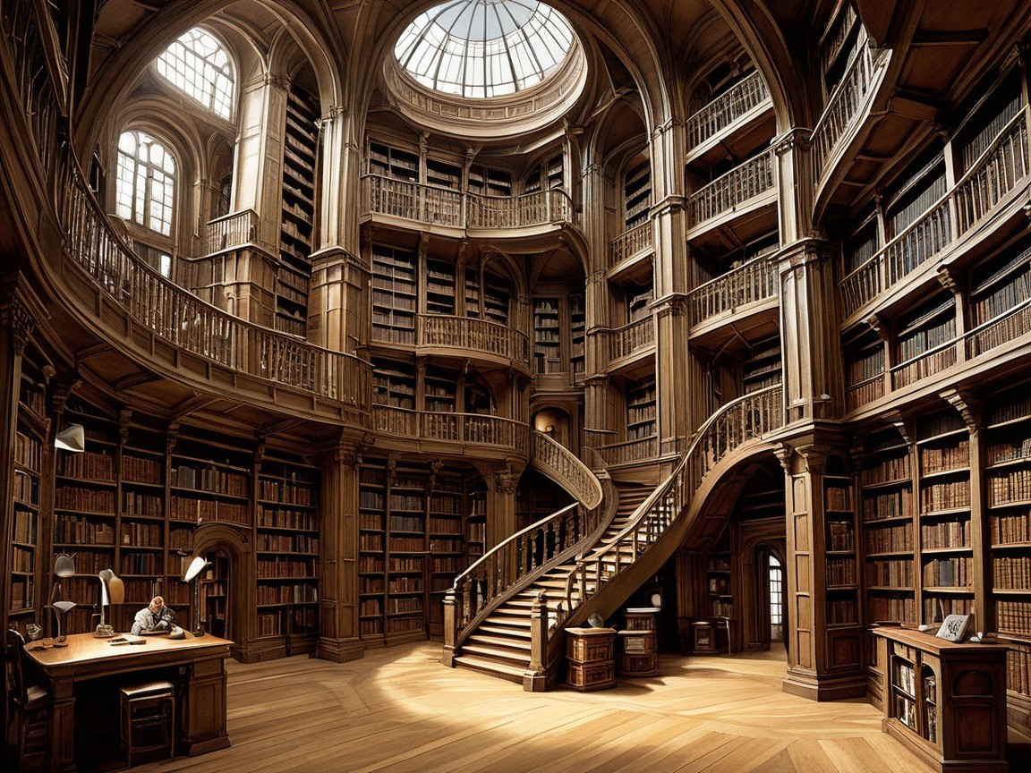 Grand Library with Wooden Shelves and Skylight