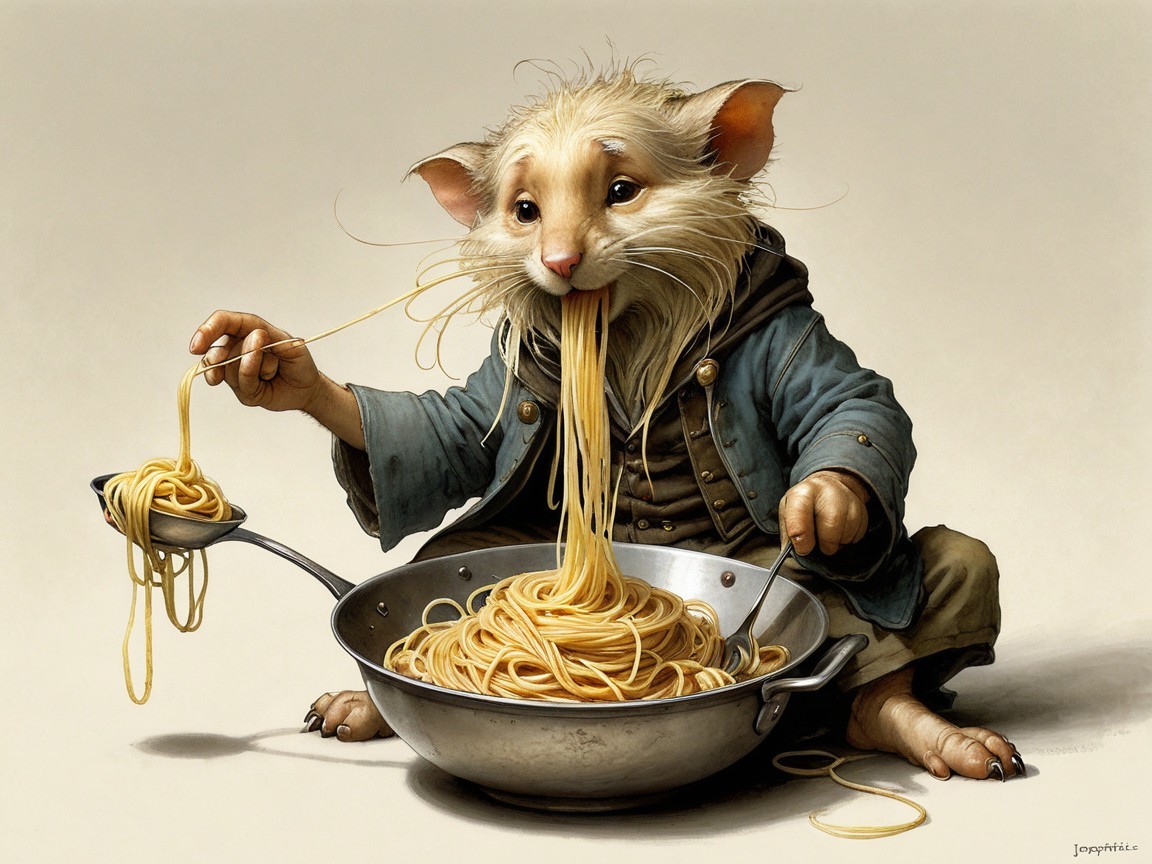 Whimsical Creature Enjoying Spaghetti in Blue Coat