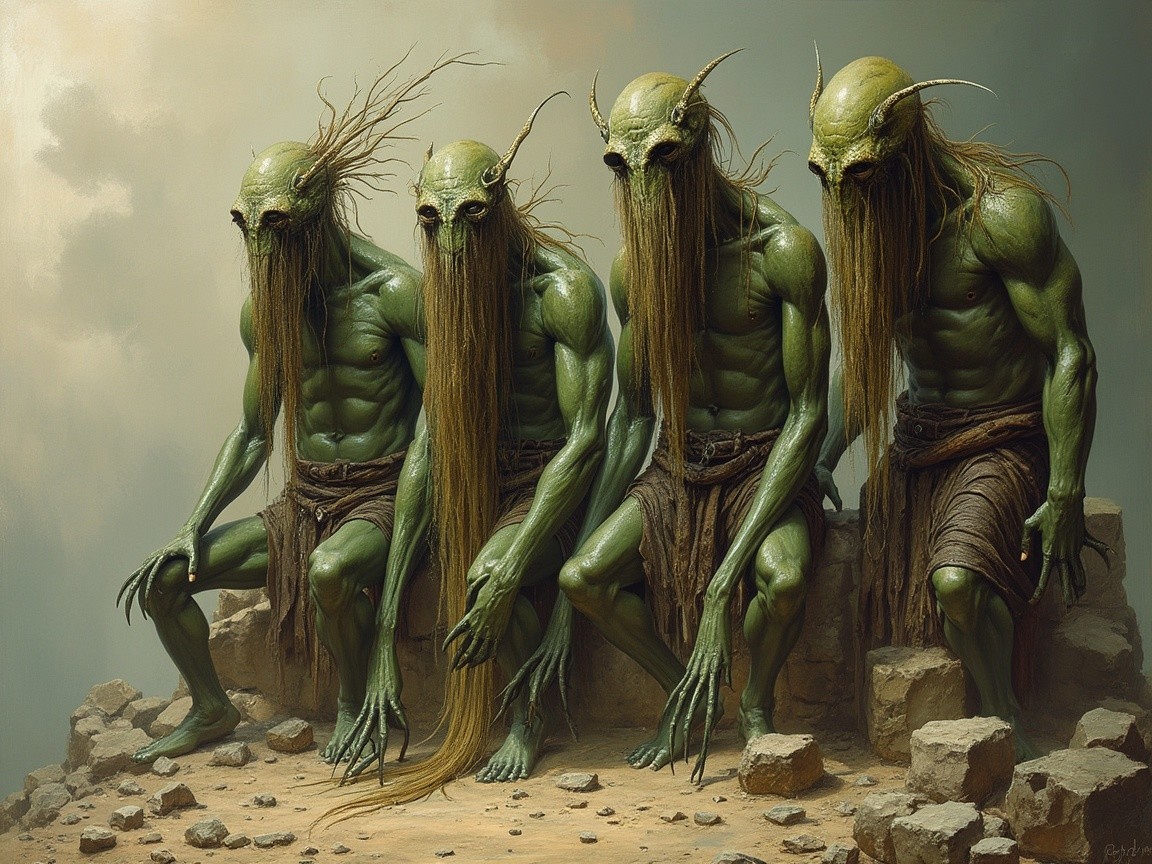 Eerie Humanoid Creatures on Rocky Ledge with Sea Features