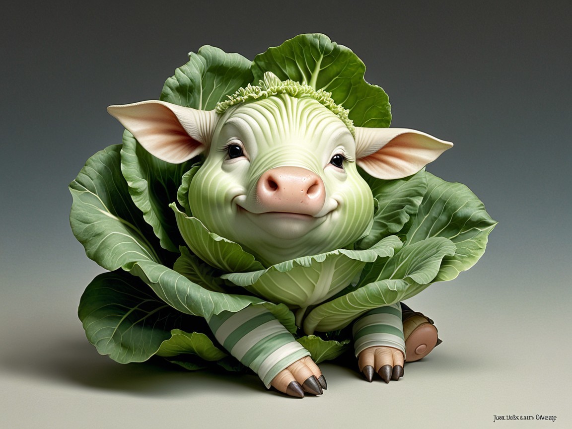 Whimsical Pig-Cabbage Creature with Leafy Skin